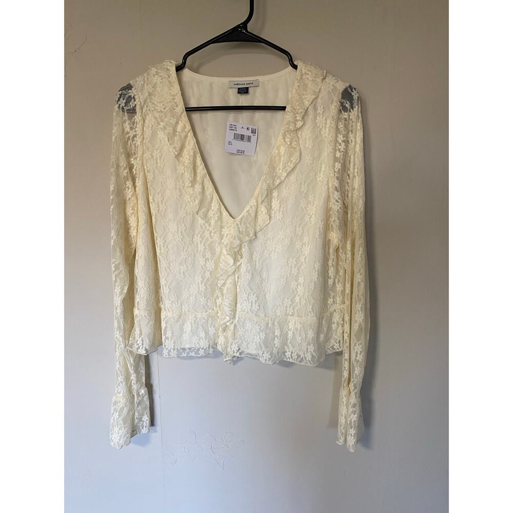 NWT American Eagle Lace V-Neck Victorian Regency Cropped Long Sleeve Blouse L
